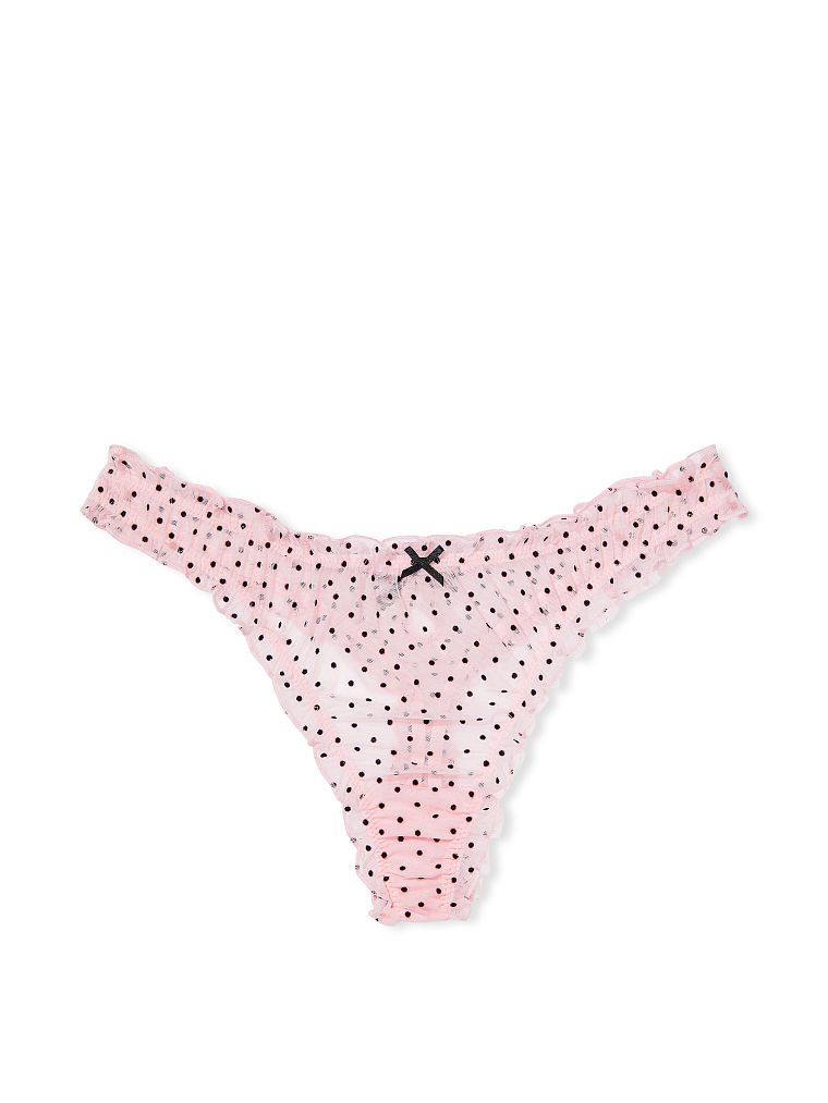 Flocked Dot Ruffled Mesh Thong Panty image number null