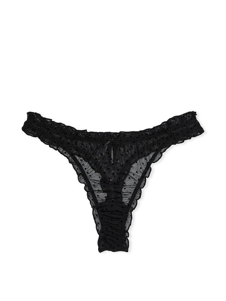 Flocked Dot Ruffled Mesh Thong Panty image number null